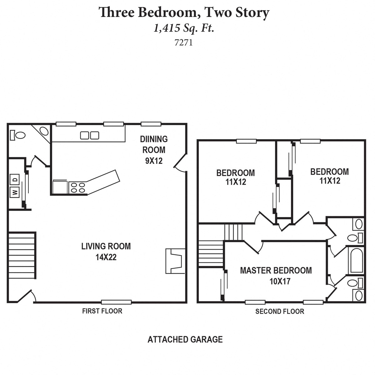 Floor plan for 3 beds, 1.5 baths, 1415 sqft